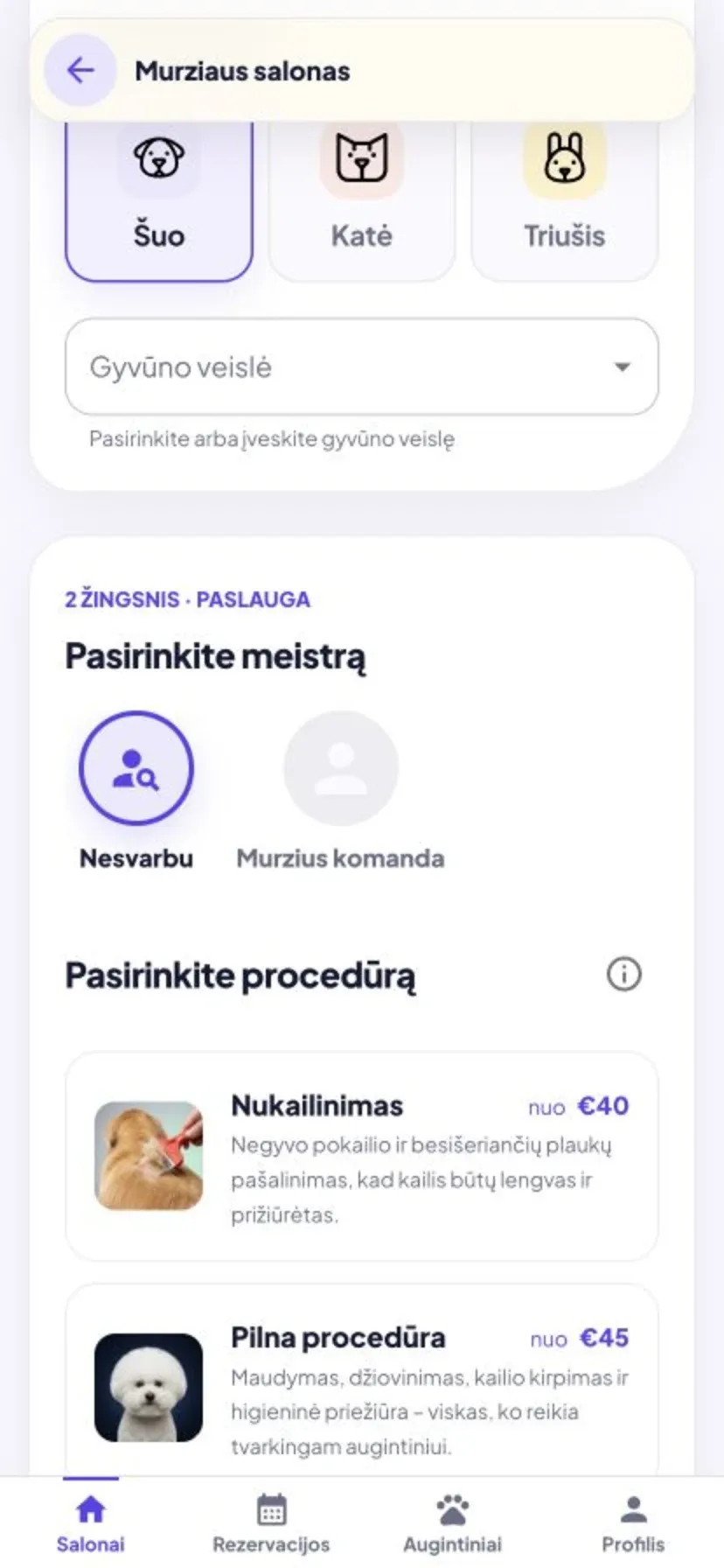 Murzius programėlė: augintinio, meistro ir procedūros pasirinkimas