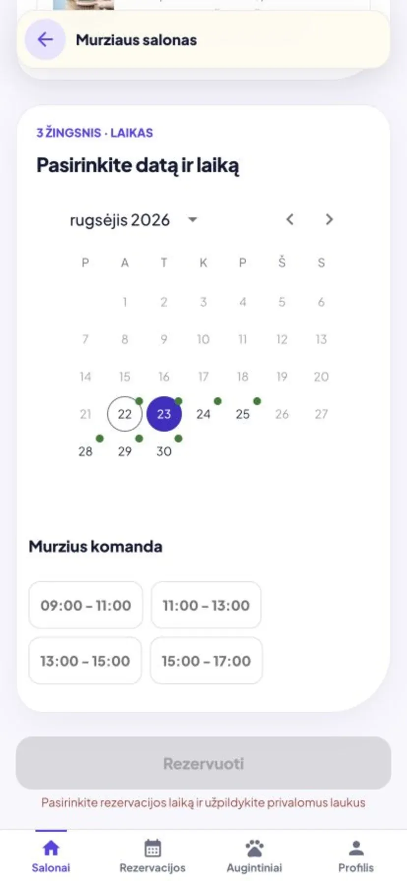Murzius programėlė: kalendorius su laisvais vizito laikais
